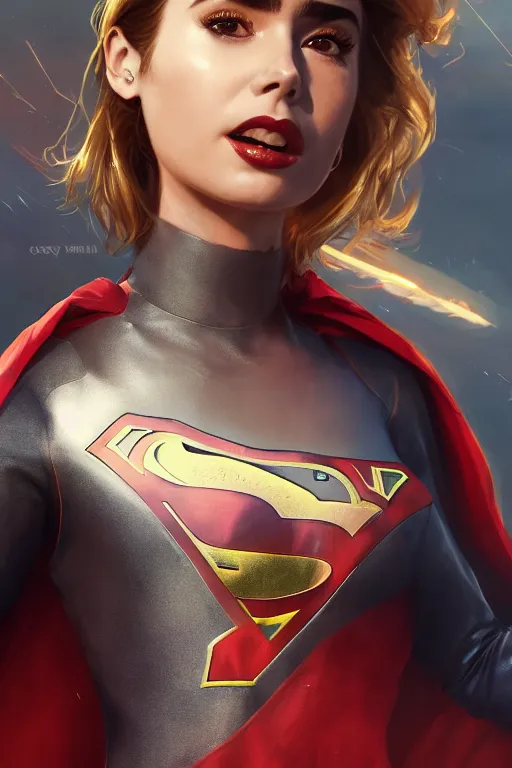 Image similar to a fancy close up of Lily Collins as Supergirl full body armor by Greg Rutkowski, Sung Choi, Mitchell Mohrhauser, Maciej Kuciara, Johnson Ting, Maxim Verehin, Peter Konig, 8k photorealistic, cinematic lighting, HD, high details, dramatic, trending on artstation, full body shot