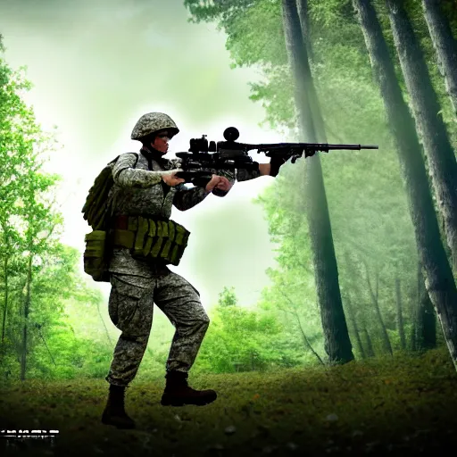 Image similar to A soldier in a forest shooting at an enemy drone with his machine gun, HDR, 8k, trending on artstation