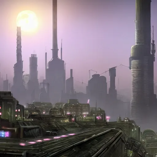 Prompt: a big city like coruscant and rupture farms from oddworld, with green smog sky, tall metal towers, a big moon in the sky, flying vehicles, factories, smoke, in the style of soviet realism