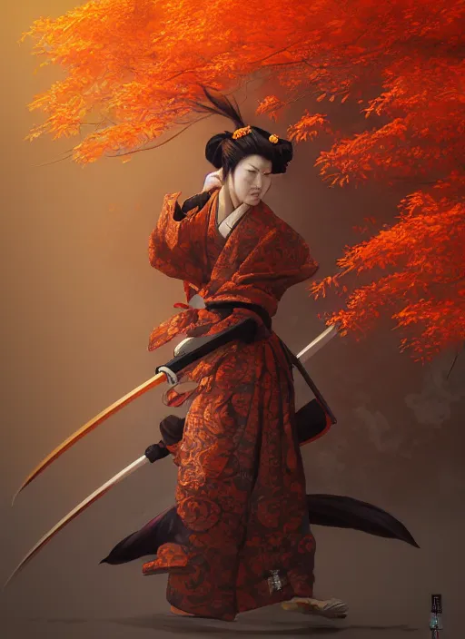 Prompt: kitsune samurai in autumn color kimono, subsurface scattering, by jesper ejsing, justin gerard, tomasz alen kopera, cgsociety and fenghua zhong, highly detailed, rim light, cinematic lighting, illustration, art, octane render, very coherent, cinematic, hyper realism, high detail, octane render, 8 k