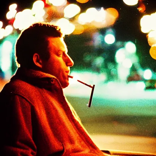 Image similar to man sitting on park bench on christmas eve smoking cigarette. cigarette glowing embers smoke volumetric c4d. harsh lighting, live action photo 1993 film. bokeh Christmas lights in the background