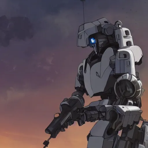 Image similar to a mech with guns on each arm preparing for combat, battlefield, dead trees, fire, smoke, dark clouds, slightly sunny, ominous, intense, epic, extremely detailed, cinematic lighting, studio ghibli, anime,