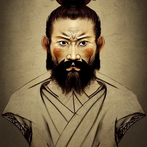 Prompt: a gorgeous portrait of a grizzled samurai warrior with a beard and a topknot hairstyle, painted by Leonardo Da Vinci, trending on artstation, 4k, 8k, expressive and detailed, masterpiece, elaborate brush strokes