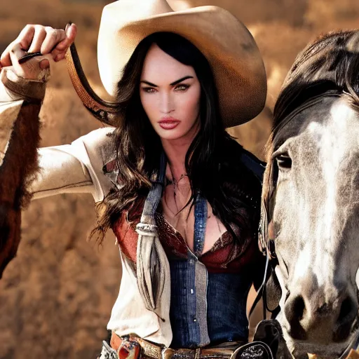 Image similar to megan fox as cowboy in western town, her face flushing and sweat, focus on head, professional photography