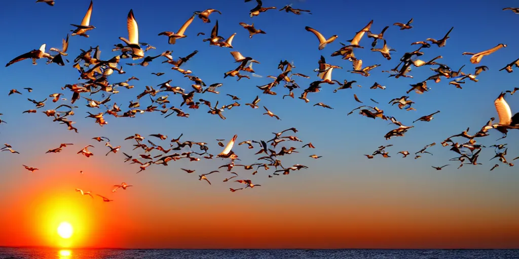 Image similar to seagulls flying over the ocean during the sunset, realistic