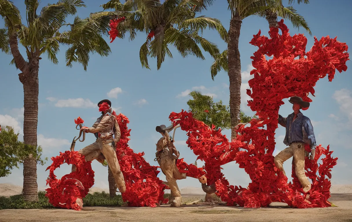 Prompt: a cowboy turning into blooms. tropical sea slugs, tractor tires. complementary colors. national geographic. 8 k, rendered in octane, smooth gradients. sculpture by antonio canova. red accents. by slim aarons, by zhang kechun, by lynda benglis