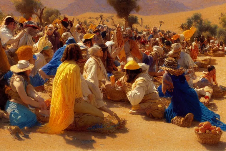 Image similar to detailed digital painting of a crowd of happy jews in the desert harvesting white manna, yellow orange and blue color scheme, painting by gaston bussiere, craig mullins, j. c. leyendecker 8 k