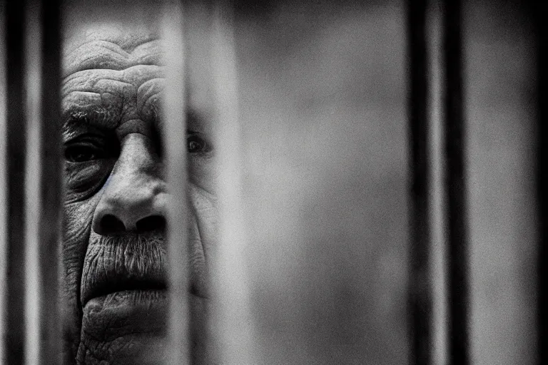Prompt: an 8 5 mm portrait of a old man in prison looking through the bars of his cell, by annie leibovitz, shallow depth of field, cinematic lighting