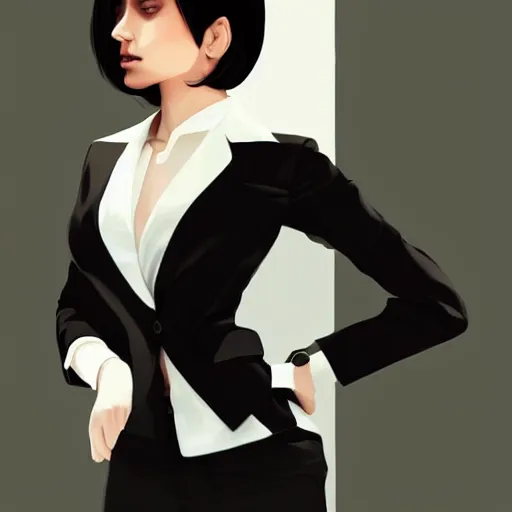 Image similar to slim girl in tuxedo with short black hair, elegant, 2d, ultra highly detailed, digital painting, smooth, sharp focus, artstation, art by Ilya Kuvshinov