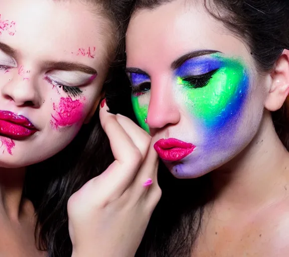 Prompt: close photo shot still of two womens rainbow painted lips kissing