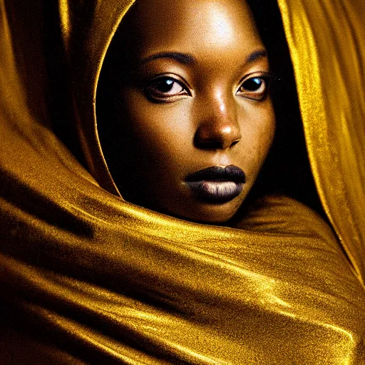 Prompt: a portrait of a young black woman wearing a long dark cloak, hood and shadows covering face, wearing shiny gold, oil painting, matte painting, black background, Volumetric Golden dappled dynamic lighting, Highly Detailed, Cinematic Lighting, Unreal Engine, 8k, HD, by Beksinski