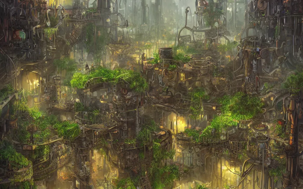 Image similar to trending on artstation 2d concept art illustration of an underground industrial steampunk city with a green thriving oasis in the middle