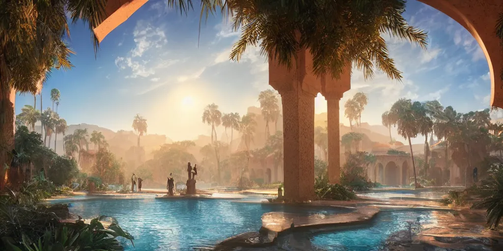 Image similar to beautiful oasis waterfalls surrounded by palm trees moroccan tile archways, date trees, ivory towers sunset peter morbacher ross tran angelarium greg rutkowski alchemy luxury heavenly light soft illumination, trending on artstation cinematic lighting digital painting octane render, artgerm