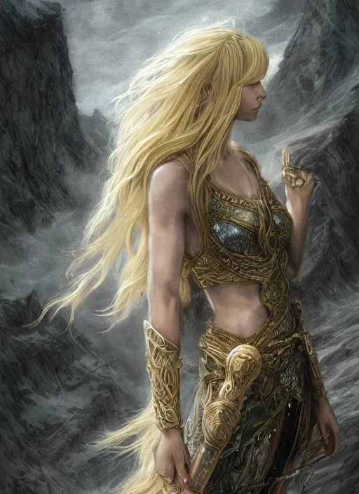 Image similar to A beautiful Norse Goddess with long flowing blonde hair standing on a ledge with a blade in hand, fantasy, intricate, elegant, highly detailed, D&D, digital painting, artstation, concept art, matte painting, sharp focus, illustration, extremely moody lighting, glowing light and shadow, atmospheric, shadowy, cinematic, in the style of Greg Rutkowski and artemisia gentileschi and Alphonse Mucha