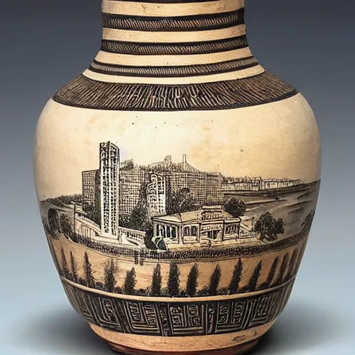 Image similar to a beautiful, ancient, greek amphora container, museum item, with drawings of new york's skyline