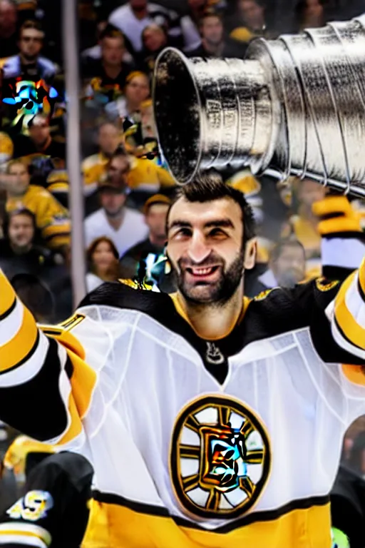 Prompt: patrice bergeron holding the stanley cup boston bruins