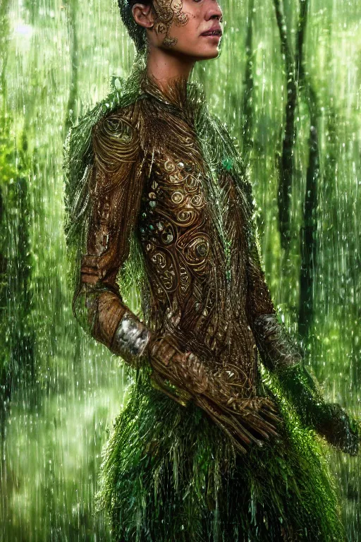 Image similar to mid shot of a regal brown woman wearing an intricate and detailed armor made of dew drops. woman is standing in a lush green forest. multiple layers. reflections. morning dew. textures. delicate. translucent. extremely coherent. studio portrait. photorealistic. octane render