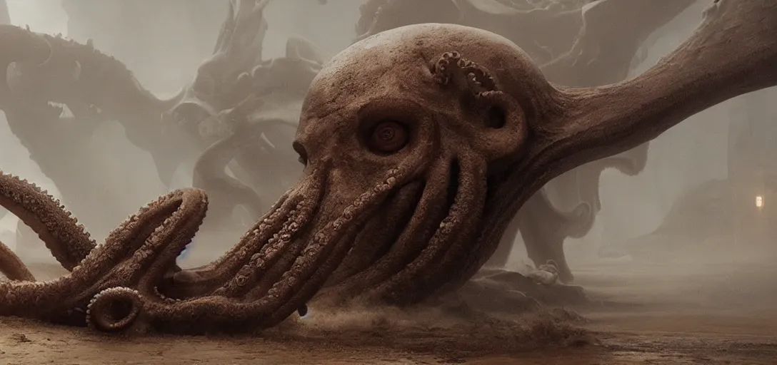 Prompt: an octopus in the shape of a mammoth skull, foggy, cinematic shot, photo still from movie by denis villeneuve, wayne barlowe