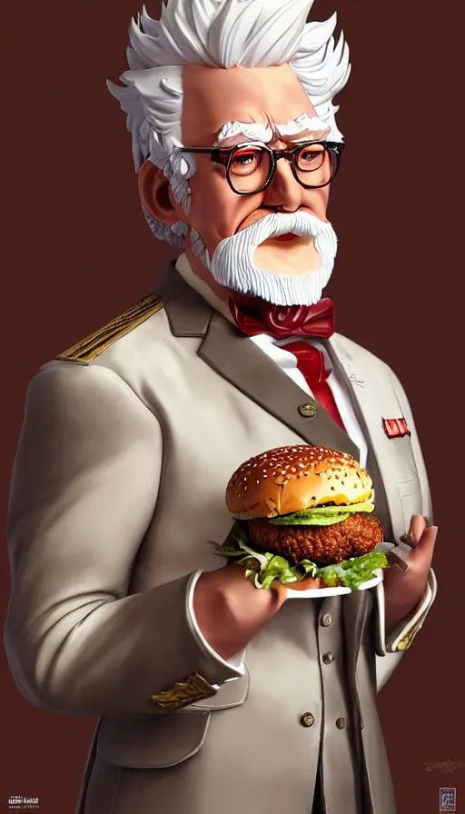 Image similar to a full body portrait of colonel sanders the fried chicken god, presenting the zinger burger!! extremely beautiful, anatomically accurate, by artgerm and by greg rutkowski and by alphonse mucha and by simon bisley, radiant light, detailed and intricate environment,