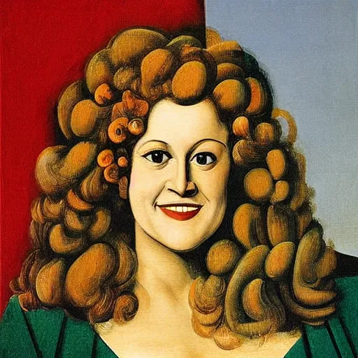 Prompt: very detailed and colorful portrait of bernadette peters smiling, painted by giorgio de chirico