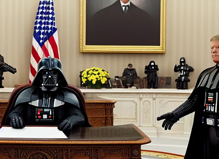 Image similar to film still of Darth Vader is president of the United States sitting in the Oval Office in the new Star Wars movie, 4k