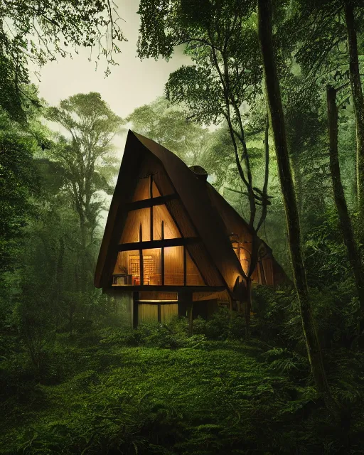 Image similar to an exquisite wooden house in the middle of a lush forest, visible through the lush overgrowth, architectural photography, dark and dim lighting, beautiful, tranquil, moody, cinematic, fantasy, 3 5 mm lens, volumetric lighting, first person view, photographic render, hyper realistic