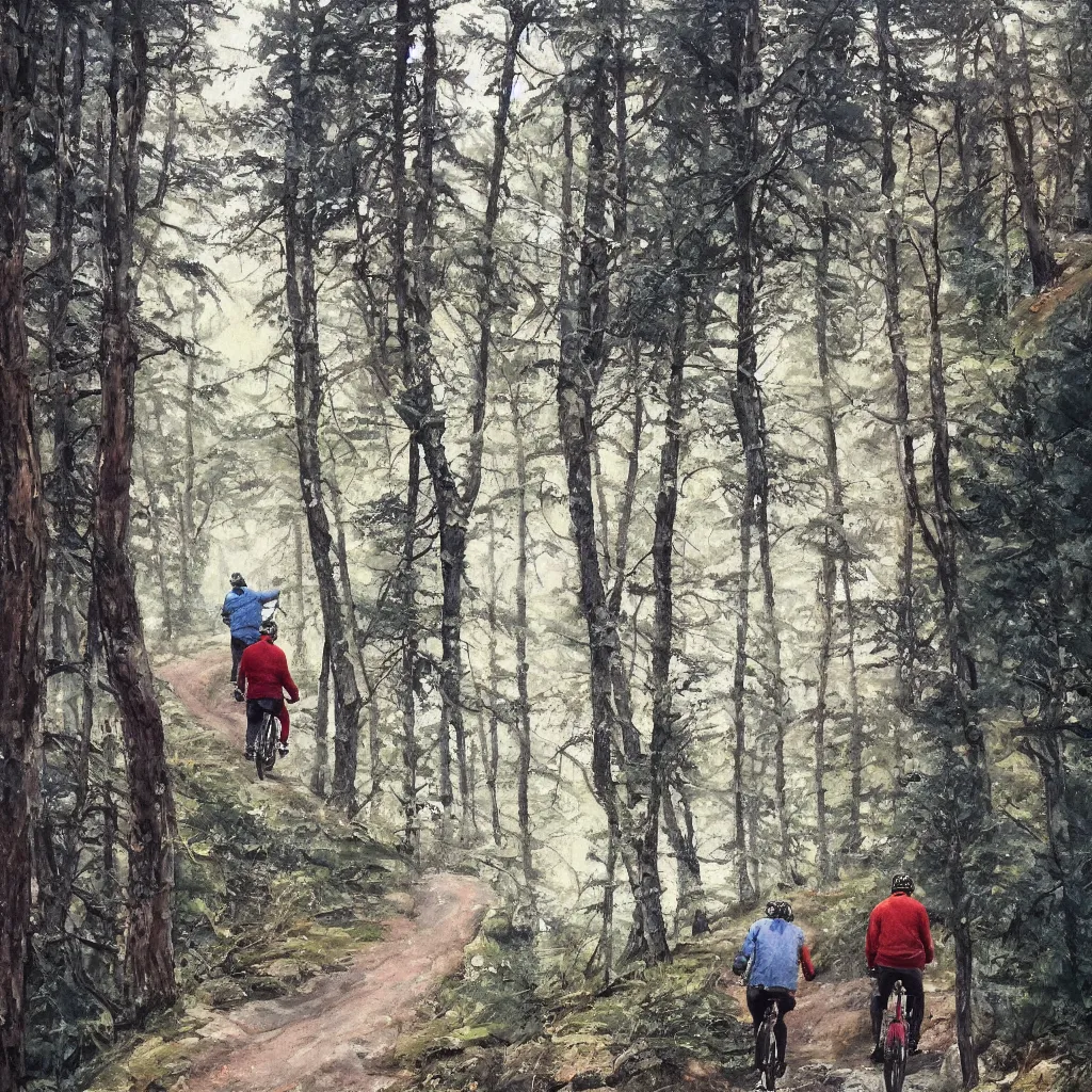 Prompt: Two men biking up a steep forest hill. One with a deep dark blue sweater and the other with a wine red sweater. sweaty. Oil painting. Emotional. Trending on artstation. Steep. Nordic Trees. Rustic. Artistic.