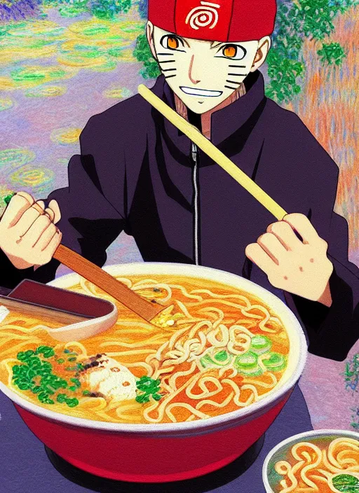 Prompt: naruto eating ramen, very anime, trending artwork, 4 k, anime painter studio, an impressionist style by claude monet