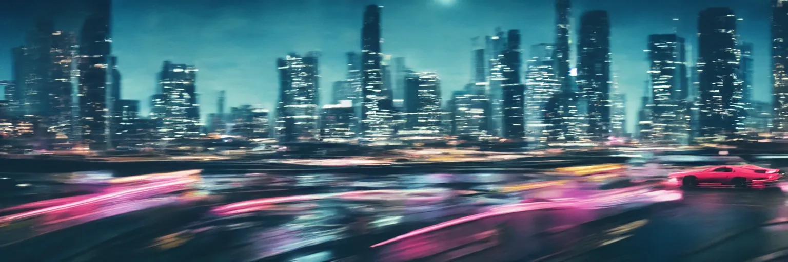 Image similar to 8 0 s neon movie still, high speed car chase by the river with city in background, slow shutter speed, medium format color photography, movie directed by kar wai wong, hyperrealistic, photorealistic, high definition, highly detailed, tehnicolor, anamorphic lens