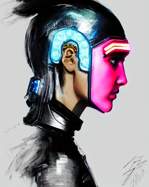 Image similar to detailed side profile portrait Gal Gadot, cyberpunk futuristic neon, reflective puffy coat, decorated with traditional Japanese ornaments by Ismail inceoglu dragan bibin hans thoma greg rutkowski Alexandros Pyromallis Nekro Rene Maritte Illustrated, Perfect face, fine details, realistic shaded, fine-face, pretty face