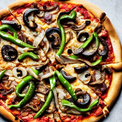 Prompt: a pizza topped with liver, onions, green peppers, anchovies, mushrooms