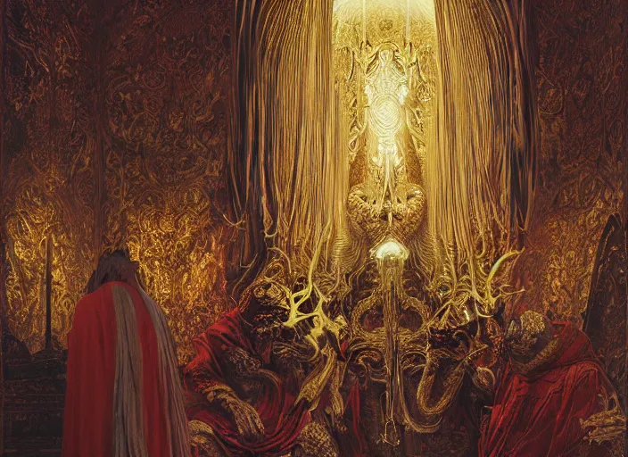 Image similar to worship of the pope, royal robe, gold trim, demons, mysticism, light effect, hyper detailed, intricate, atmospheric, elegant, photorealistic by zdzisław beksinski, iris van herpen, raymond swanland, craig mullins and alphonse mucha. hyper - real