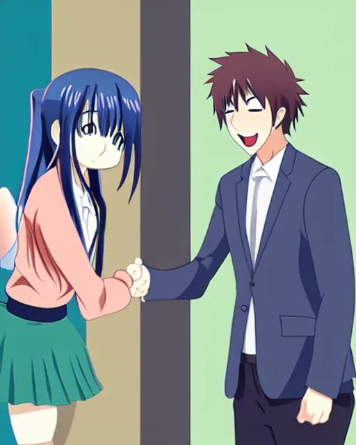 Image similar to a person shakes hands with an anime character in both styles