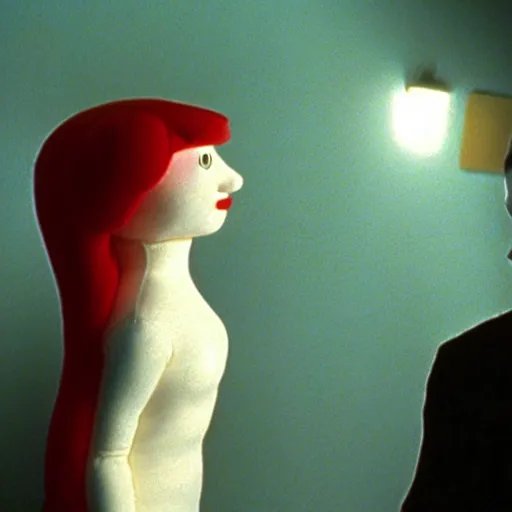 Prompt: still from a 1992 arthouse film about a depressed woman dressed as an inflatable puppet who meets a handsome younger man in a seedy motel room, color film, 16mm soft light, weird art on the wall