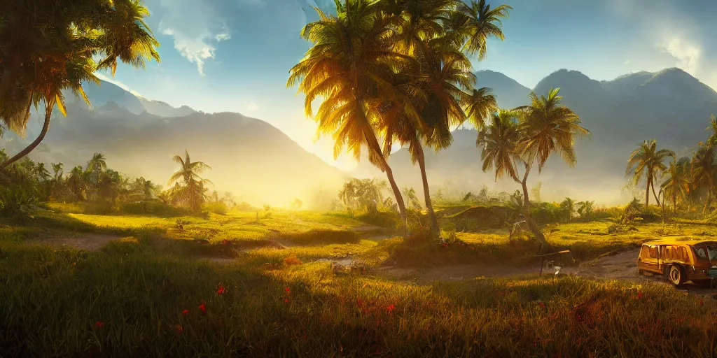 Image similar to lively sunny landscape of a kerala village realistic detailed digital art by maxwell boas jessica rossier christian dimitrov anton fadeev trending on artstation, zaha hadid, cgsociety, rendered in unreal engine 4 k hq