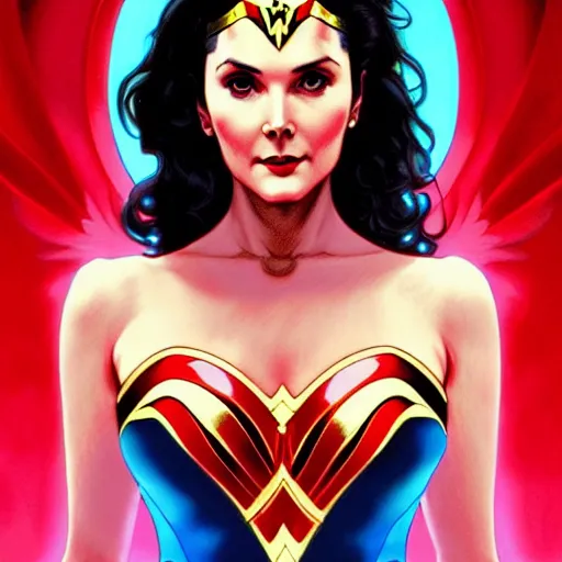 Prompt: a young lynda carter as wonder woman, volumetric lights, red and cyan theme, art nouveau botanicals, intricate, highly detailed, digital painting, artstation, concept art, smooth, sharp focus, cinematic, illustration, beautiful face, art by artgerm and greg rutkowski and alphonse mucha