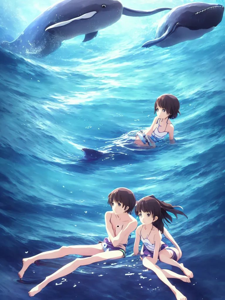 Image similar to a panorama view under the water, anime art full body portrait character concept art, hyper detailed cg rendering of a cute girl and whale, anime key visual of children of the sea, finely detailed perfect face, style of raphael lacoste, makoto shinkai, violet evergarden, studio ghibli, james jean, hayao miyazaki, extremely high quality artwork