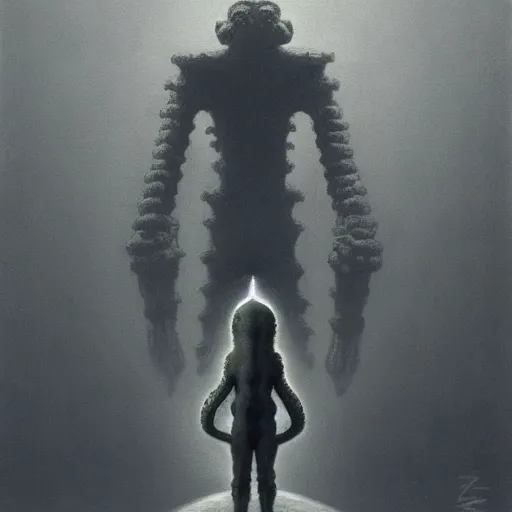 Prompt: squidward as a shadow of the colossus boss by zdzisław beksiński