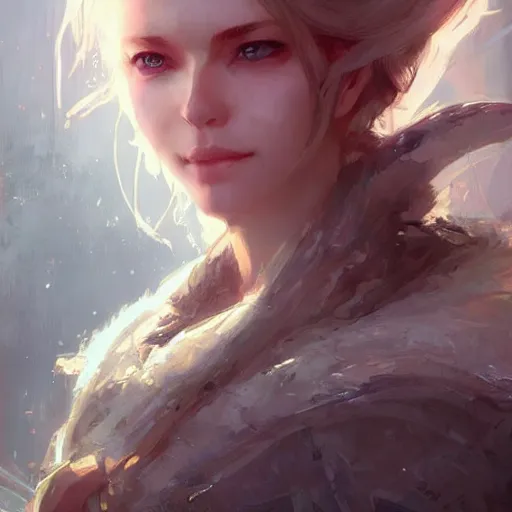 Prompt: a portrait of a beautiful lady with adorable eyes, light smiling, art of wlop and greg rutkowski, epic fantasy art, bright light masterpiece, ray of light through white hair