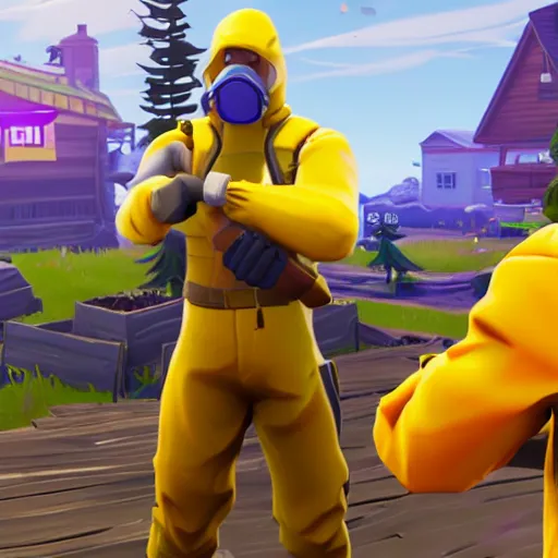 Image similar to screenshot of me playing fortnite using as walter white in his yellow hazmat suit, 3 d avatar, third person view, fortnite