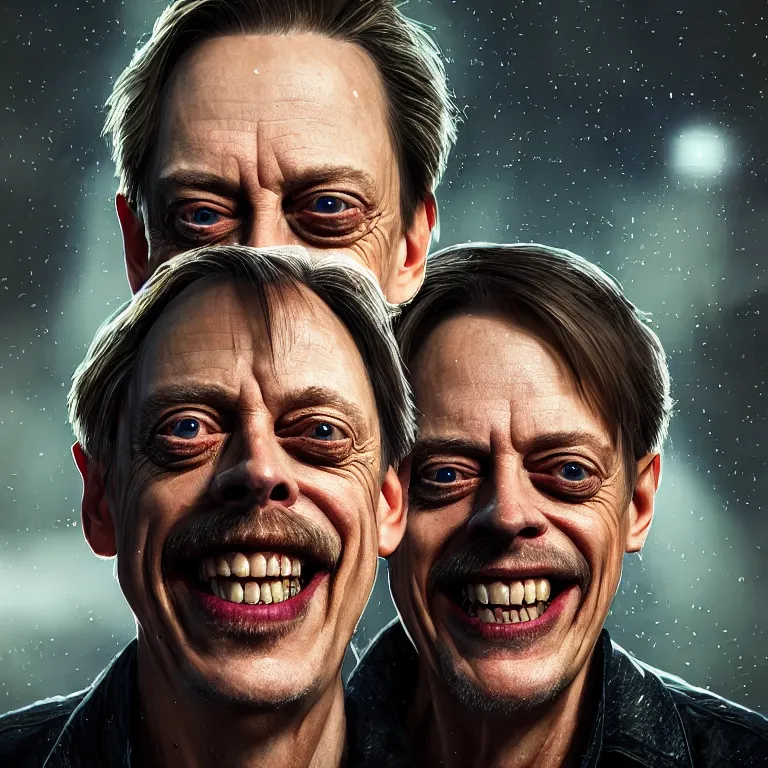 Image similar to steve buscemi smiling during the apocalypse, intricate details, complementary lighting, detailed face, backlighting, octane render, raytraced, depth of field, extremely detailed, trending in artstation, focus on face, sharp focus, radiant light, beautiful composition, yihao ren, zochi, zero - hour, jean paul fiction