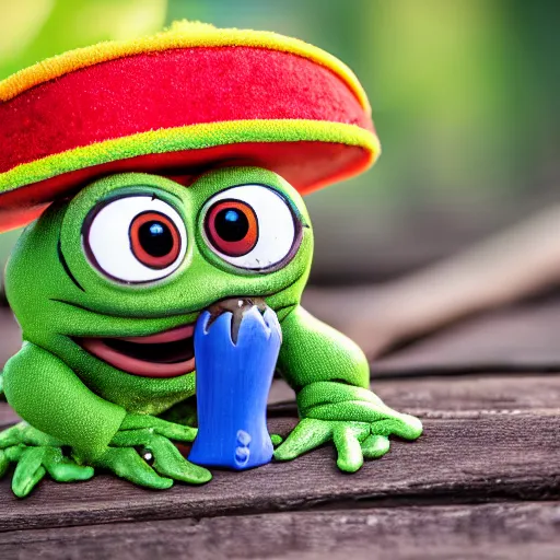 Image similar to baby pepe the frog wearing a tiny sombrero, holding maracas, larg eyes, sitting on a log, pixar, disney, dynamic lighting, bokeh