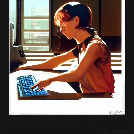 Prompt: hacker girl sits at an apple ] [ e computer in the 1 9 8 0 s, realistic shaded lighting poster by ilya kuvshinov katsuhiro otomo, magali villeneuve, artgerm, jeremy lipkin and michael garmash and rob rey