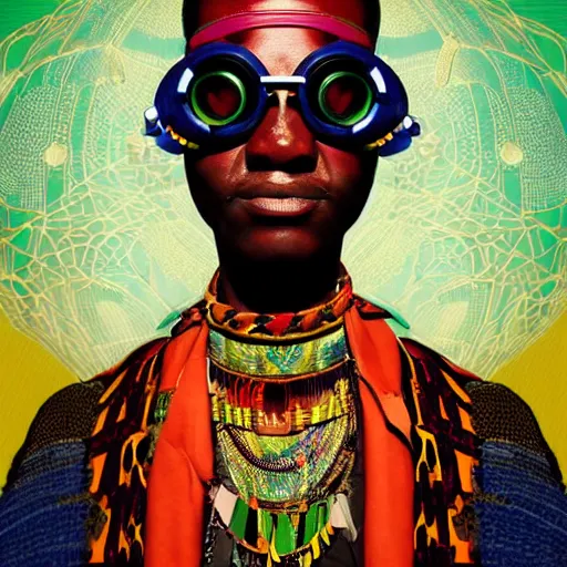 Prompt: colourful vfx upper half - portrait - art of a african tribal chief wearing steam punk goggles, art by utagawa kunisada & james jean, symmetrical, intricate detail, concept art, volumetric light, ray tracing, caricature, digital illustration, digital painting, octane 3 d render, unreal engine, sharp, pinterest, behance, art station,