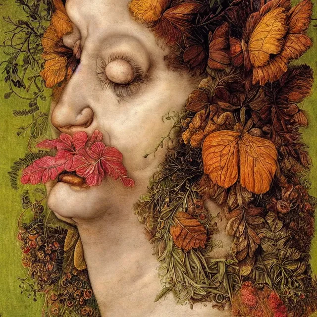 Image similar to a beautiful profile portrait of a woman, leaves, by giuseppe arcimboldo,, psychedelic, surreal, dreamlike, environmental friendly, nature.