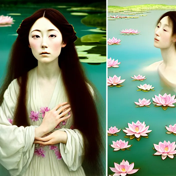 Prompt: Kodak Portra 400, 8K, soft light, volumetric lighting, highly detailed, Rena Nounen style 3/4 ,portrait photo of a Japanese beautiful female how pre-Raphaelites painter, the face emerges from the water of Pamukkale with lotus flowers, inspired by Ophelia paint , a beautiful chic dress and hair are intricate with highly detailed realistic beautiful flowers , Realistic, Refined, Highly Detailed, natural outdoor soft pastel lighting colors scheme, outdoor fine art photography, Hyper realistic, photo realistic