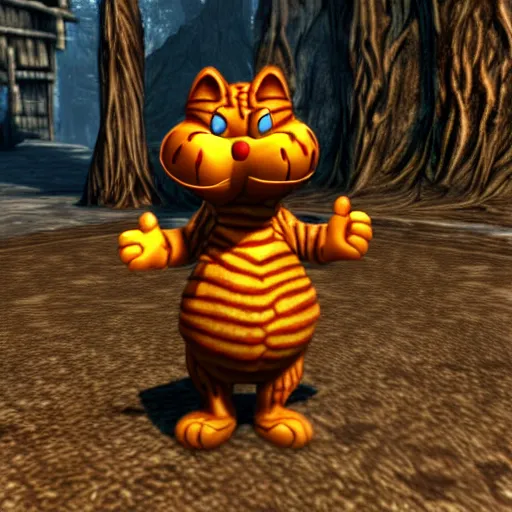 Prompt: garfield in morrowind, retro 3 d graphics, video game screenshot, pc game, elder scrolls