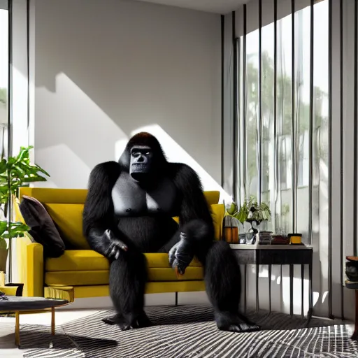 Image similar to Gorilla in a living room, interior design, concept render, 4k, octane render, CGsociety, high quality