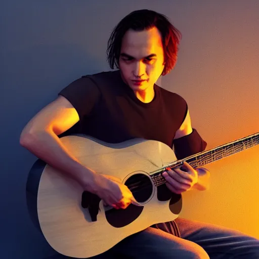 Prompt: Frank Dillane shirtless playing guitar, Photo-realistic, unreal render, octane render, high detail, in the style of artgerm