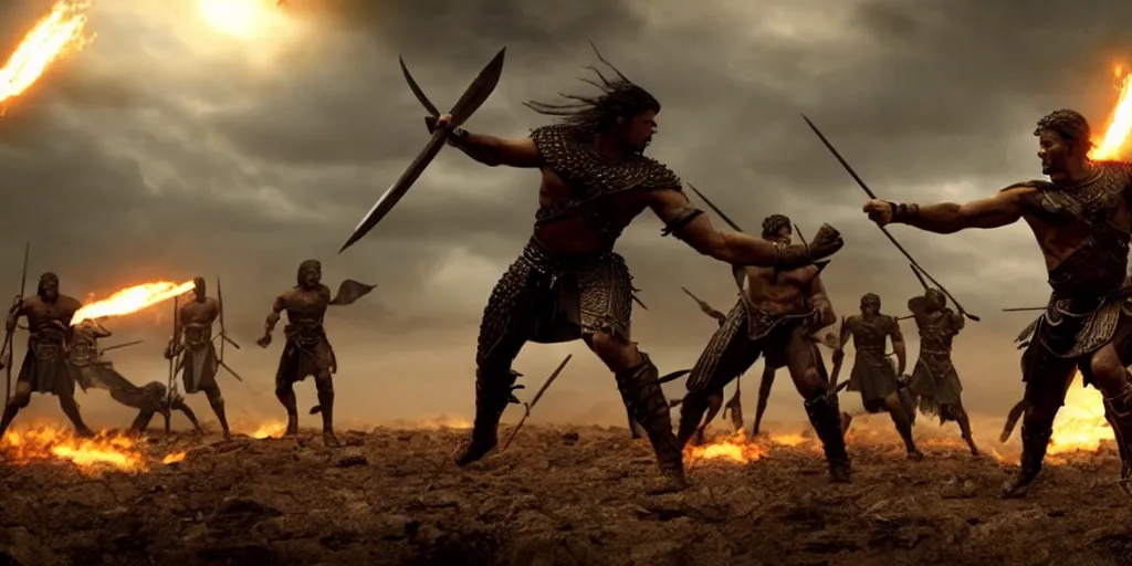 Image similar to epic battle screen of hero, film still from the movie'3 0 0'( 2 0 0 6 ), 3 d, 8 k realistic, cryengine, playstion 5 screen, cinematic lighting